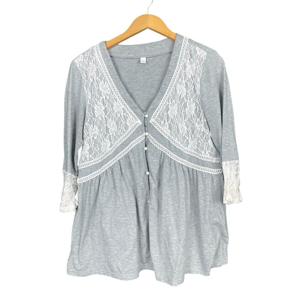 Gray Tunic Top Women Size L Lace Trim Bell Sleeves V-Neck Cottage Core